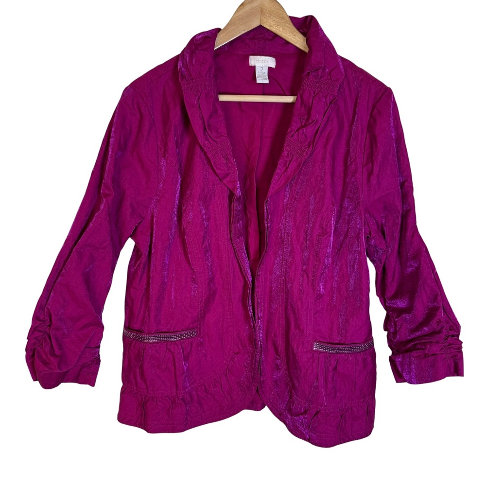 Chico's Open Front Jacket Women Size 2 Magenta Metallic Ruched Sequin Excellent